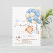 Wir können Bearly Wait Teddy Balloon Baby Boy Dusc Einladung (Stehend Vorderseite)