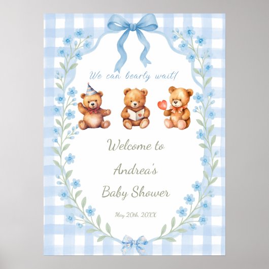 Wir können bearly warten Floral Blue Gingham Willk Poster (Vorne)
