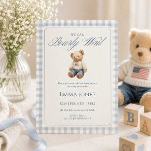 Wir können es kaum erwarten, Blau Gingham-Baby-Par Einladung