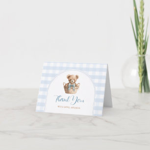 Wir können es kaum erwarten Blau Gingham Bär Baby  Dankeskarte