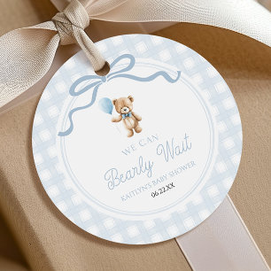 Wir können es kaum erwarten, blauer Teddybär-Baby- Geschenkanhänger