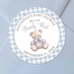 Wir können es kaum erwarten, Blaues Bär-Babyshower Runder Aufkleber