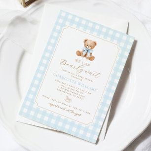 Wir können es kaum erwarten Gingham Teddybär Baby- Einladung