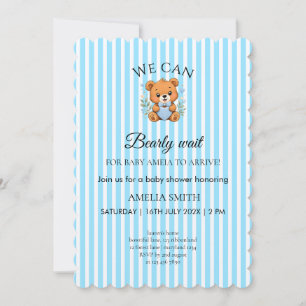 Wir können es kaum erwarten Teddybär Blau gestreif Einladung