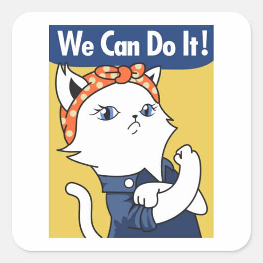 Wir können es tun! White Cat Rosie The Riveter Squ Quadratischer Aufkleber (Vorderseite)