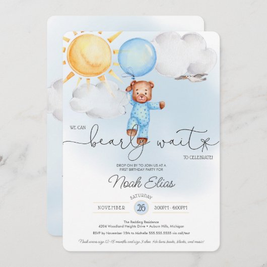 Wir können früh warten Teddy Bären Ballon 1. Gebur Einladung (Vorne/Hinten)