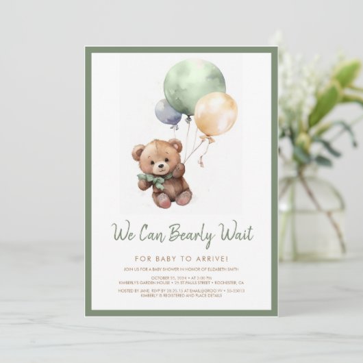 Wir können frühes Warten Teddy Bear Balloon Baby D Einladung (Stehend Vorderseite)