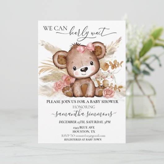 Wir können frühzeitig abwarten Baby Duschbär Boho Einladung (Stehend Vorderseite)