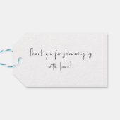 Wir können frühzeitig abwarten Baby-Dusche Danke Geschenkanhänger (Rückseite Horizontal)