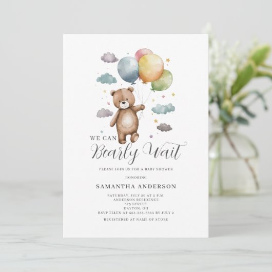 Wir können frühzeitig abwarten Bear Balloon Baby D Einladung (Stehend Vorderseite)