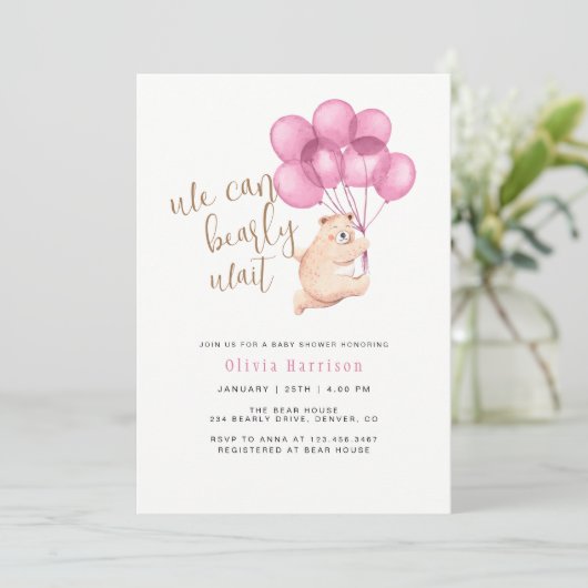 Wir können frühzeitig abwarten Bear Pink Balloon B Einladung (Stehend Vorderseite)