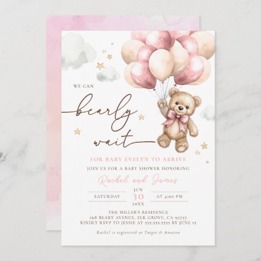 Wir können frühzeitig abwarten Bear Pink Balloon B Einladung (Vorne/Hinten)