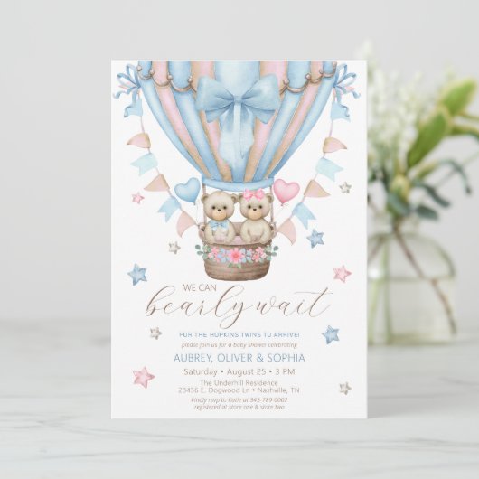 Wir können frühzeitig abwarten Boy Girl Twin Baby Einladung (Stehend Vorderseite)