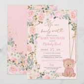 Wir können frühzeitig abwarten Pink Teddy Bear Bab Einladung (Vorne/Hinten)