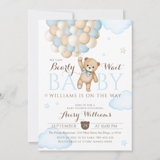 Wir können frühzeitig auf Balloon Bear Baby Boy Du Einladung (Vorderseite)