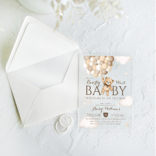 Wir können frühzeitig auf Balloon Bear Baby Dusche Acryleinladungen