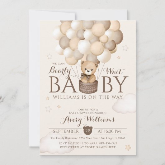 Wir können frühzeitig auf Balloon Bear Baby Dusche Einladung (Vorderseite)