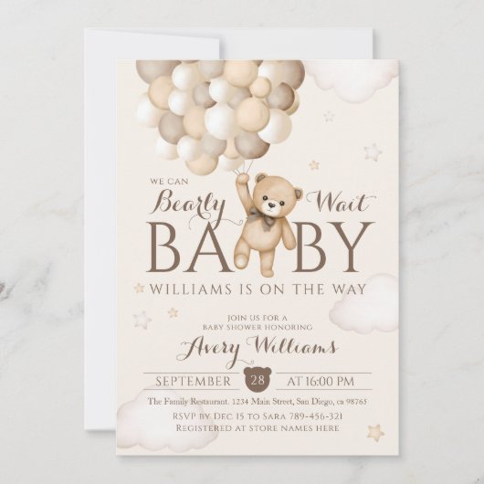 Wir können frühzeitig auf Balloon Bear Baby Dusche Einladung (Vorderseite)