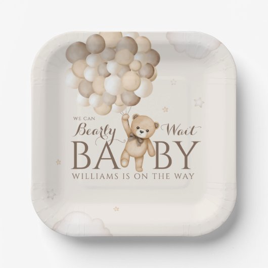 Wir können frühzeitig auf Balloon Bear Baby Dusche Pappteller (Vorderseite)