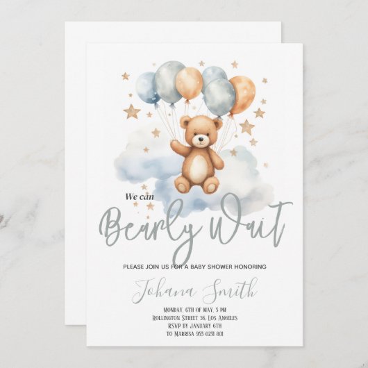 Wir können frühzeitig auf Blue Bear Baby Dusche wa Einladung (Vorne/Hinten)