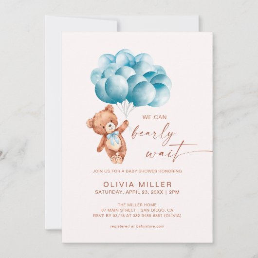 Wir können frühzeitig auf Blue Bear Balloon Baby D Einladung (Vorderseite)
