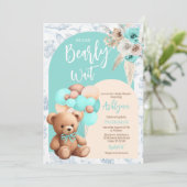 Wir können frühzeitig auf Blue Bear Balloon Baby D Einladung (Stehend Vorderseite)