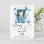 Wir können frühzeitig auf Blue Box Bear Boy Baby D Einladung (Stehend Vorderseite)