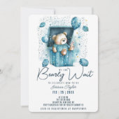 Wir können frühzeitig auf Blue Box Bear Boy Baby D Einladung (Vorderseite)