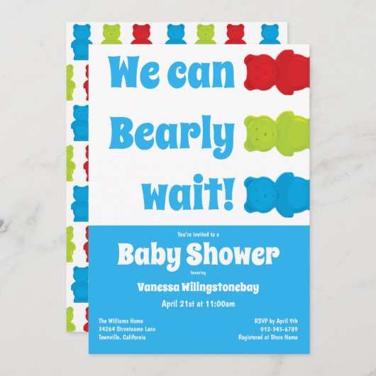 Wir können frühzeitig auf Blue Gummy Bear Babydusc Einladung (Vorne/Hinten)