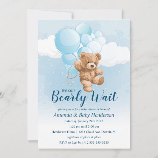 Wir können frühzeitig auf Blue Teddy Bear Baby Dus Einladung (Vorderseite)