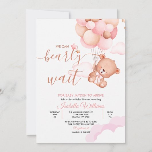 Wir können frühzeitig auf die Pink Teddy Bear Baby Einladung (Vorderseite)