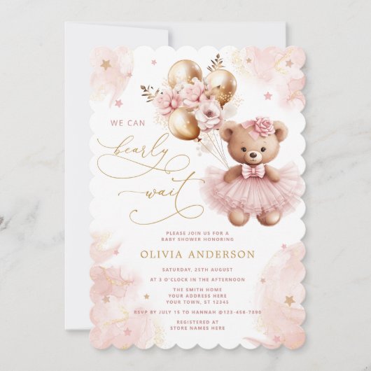 Wir können frühzeitig auf die Pink Teddy Bear Baby Einladung (Vorderseite)