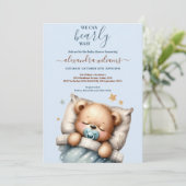 Wir können frühzeitig auf die Teddy Bear Blue Boy Einladung (Stehend Vorderseite)