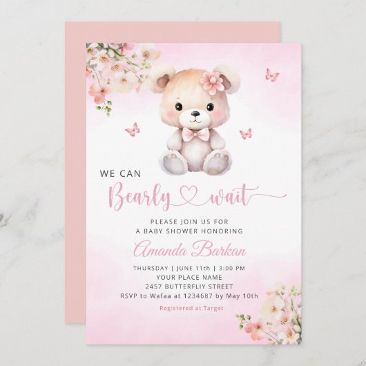 Wir können frühzeitig auf die Teddy Bear Girl Baby Einladung (Vorne/Hinten)