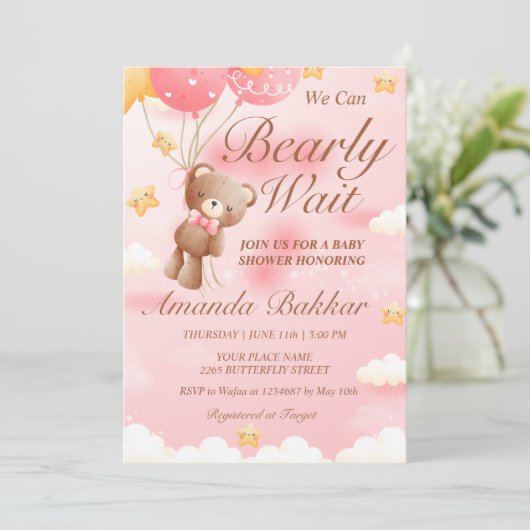 Wir können frühzeitig auf die Teddy Bear Girl Baby Einladung (Stehend Vorderseite)