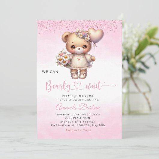 Wir können frühzeitig auf die Teddy Bear Girl Baby Einladung (Stehend Vorderseite)