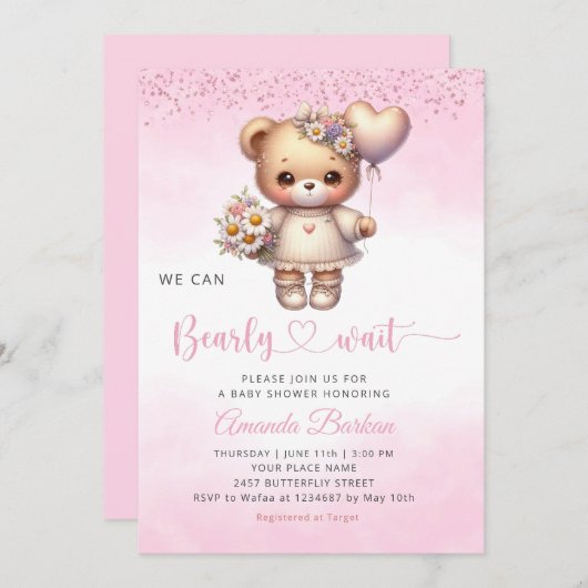 Wir können frühzeitig auf die Teddy Bear Girl Baby Einladung (Vorne/Hinten)