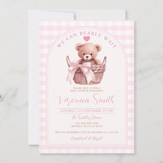 Wir können frühzeitig die Pink Gingham Bear Baby D Einladung (Vorderseite)