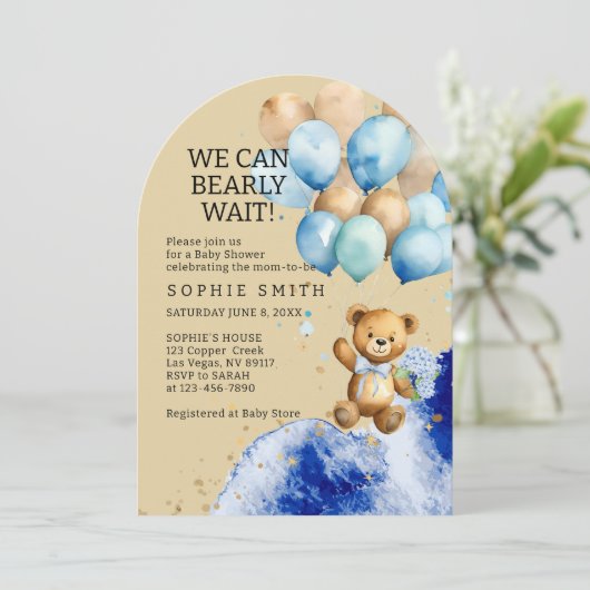 Wir können frühzeitig Pastellblau und Gold Abstrak Einladung (Stehend Vorderseite)