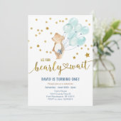 Wir können frühzeitig warten Bärenballon Geburtsta Einladung (Stehend Vorderseite)