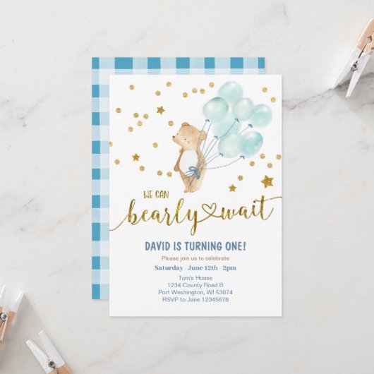 Wir können frühzeitig warten Bärenballon Geburtsta Einladung (Vorderseite/Rückseite Beispiel)
