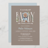 Wir können frühzeitig warten! Blue Teddy Bear Baby Einladung (Vorne/Hinten)