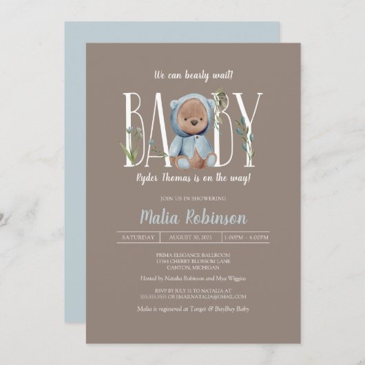 Wir können frühzeitig warten! Blue Teddy Bear Baby Einladung (Vorne/Hinten)