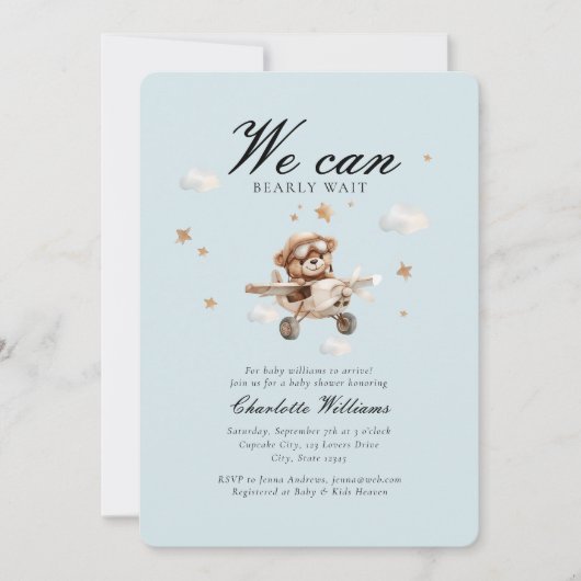 Wir können frühzeitig warten! Teddy Bear & Airplan Einladung (Vorderseite)