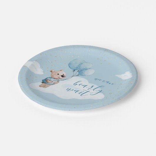 Wir können frühzeitig warten Teddy Bear Baby Dusch Pappteller (Schrägansicht)
