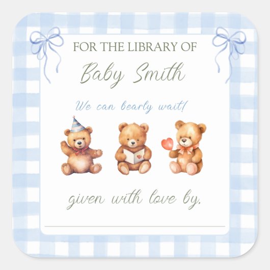 Wir können Gingham Baby Shower Book Plate warten Quadratischer Aufkleber (Vorderseite)