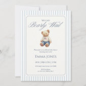 Wir können kaum warten Blau gestreiftes Muster Dus Einladung (Vorderseite)