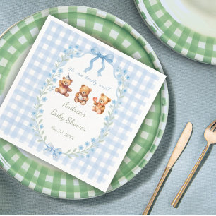 Wir können kaum warten Blau kariert Baby-Party Serviette