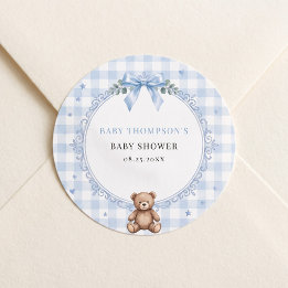 Wir können kaum warten Blau kariert Teddybär Runder Aufkleber