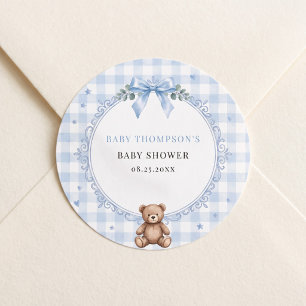Wir können kaum warten Blau kariert Teddybär Runder Aufkleber